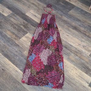 🔖3for$25 Multicolor Floral Maxi Dress w/Ruched Bodice & Beaded Halter Tie